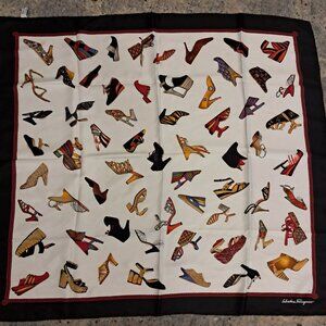 Vintage Salvatore Ferragamo Shoe Motif Silk Scarf and Shoe Pins